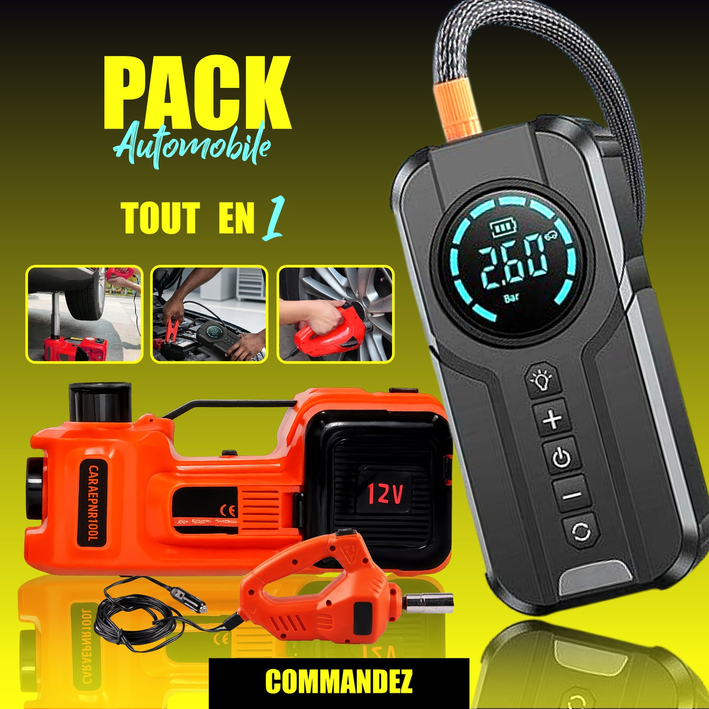 SUPER PACK URGENCE AUTO 7 EN 1 : CRIC ELECTRIQUE & DEMAREUR DE VOITURE