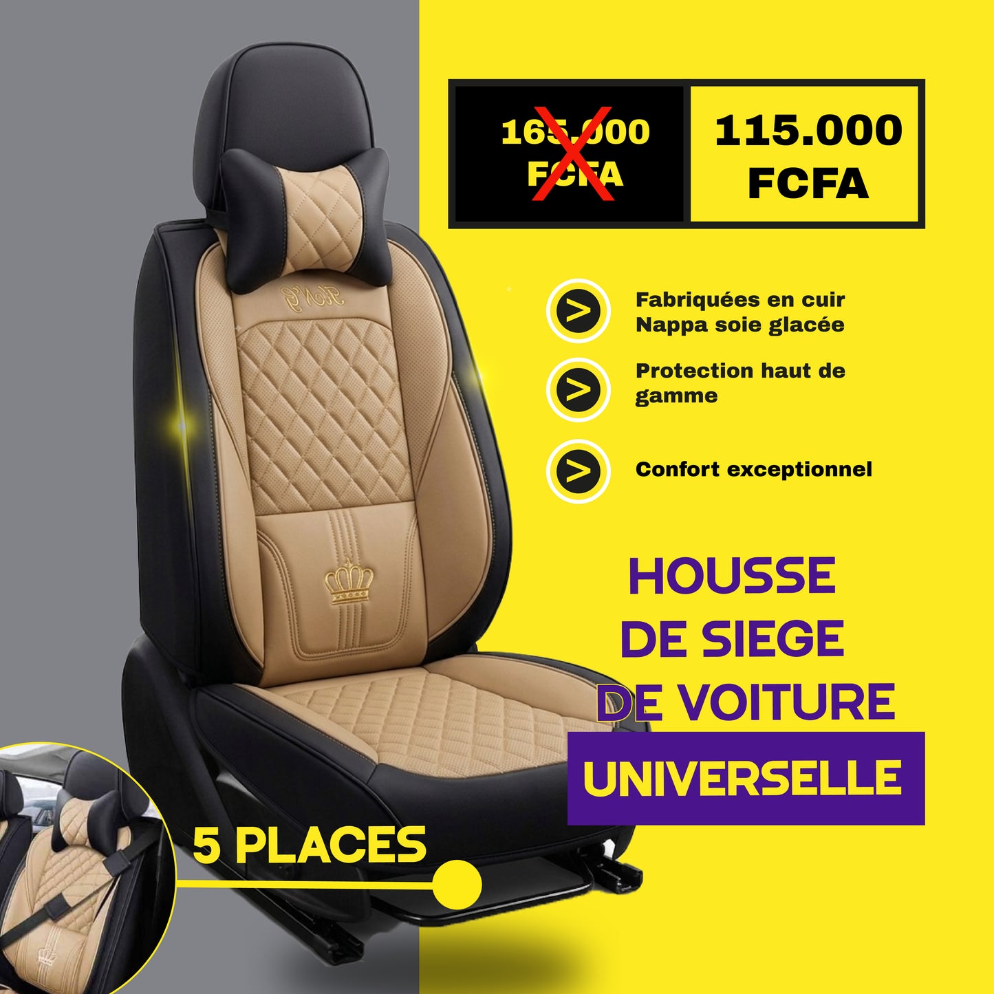FB- BNN- Housses de Siège Universelles 5 Places en Cuir : ➕ Avec Montage