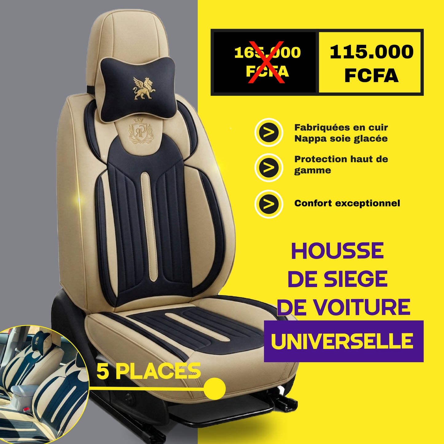 FBTG- Housses de Siège Universelles 5 Places en Cuir : ➕ Avec Montage
