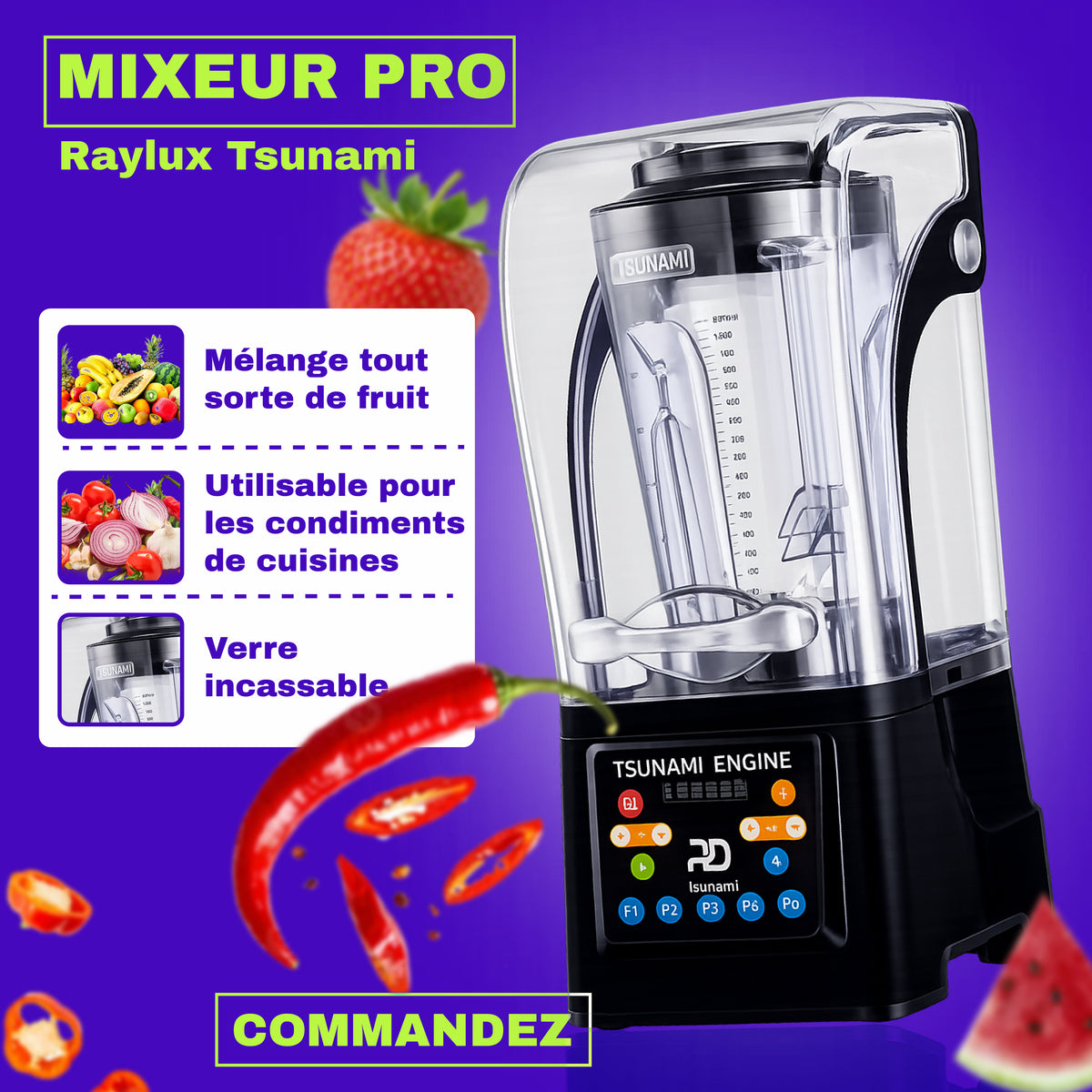 Blender Commercial Hoffmans 4800W - Moteur Cuivre Pur, 2L, LCD Touch, Insonorisé, Smoothie & Jus Professionnel