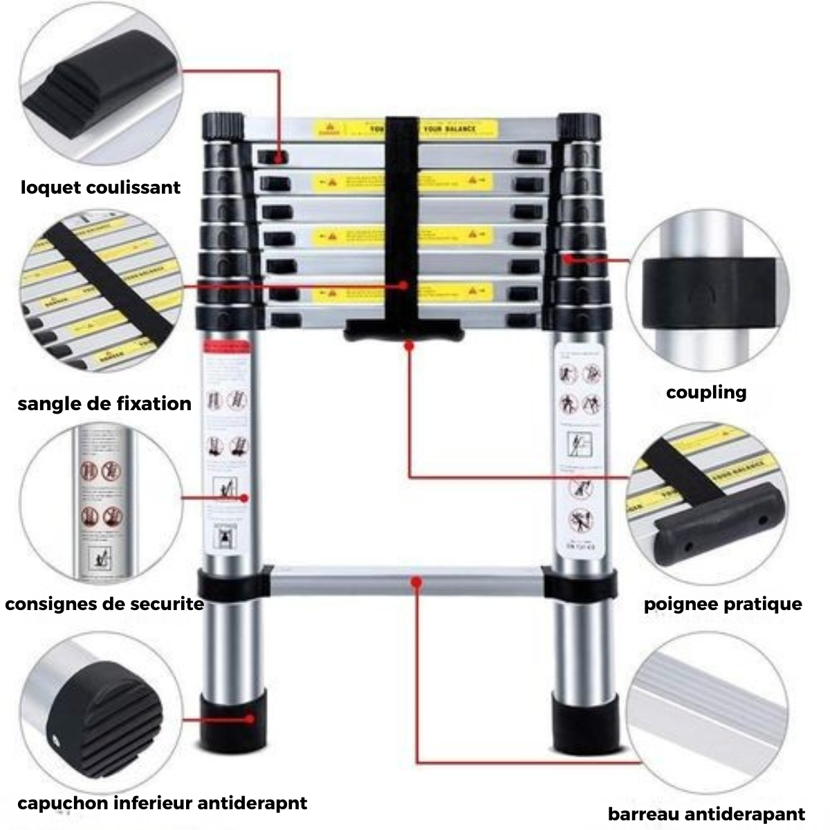 BN-BF-Echelle Télescopique Polyvalente 2,6M – Légère, Sécurisée et Facile à Ranger