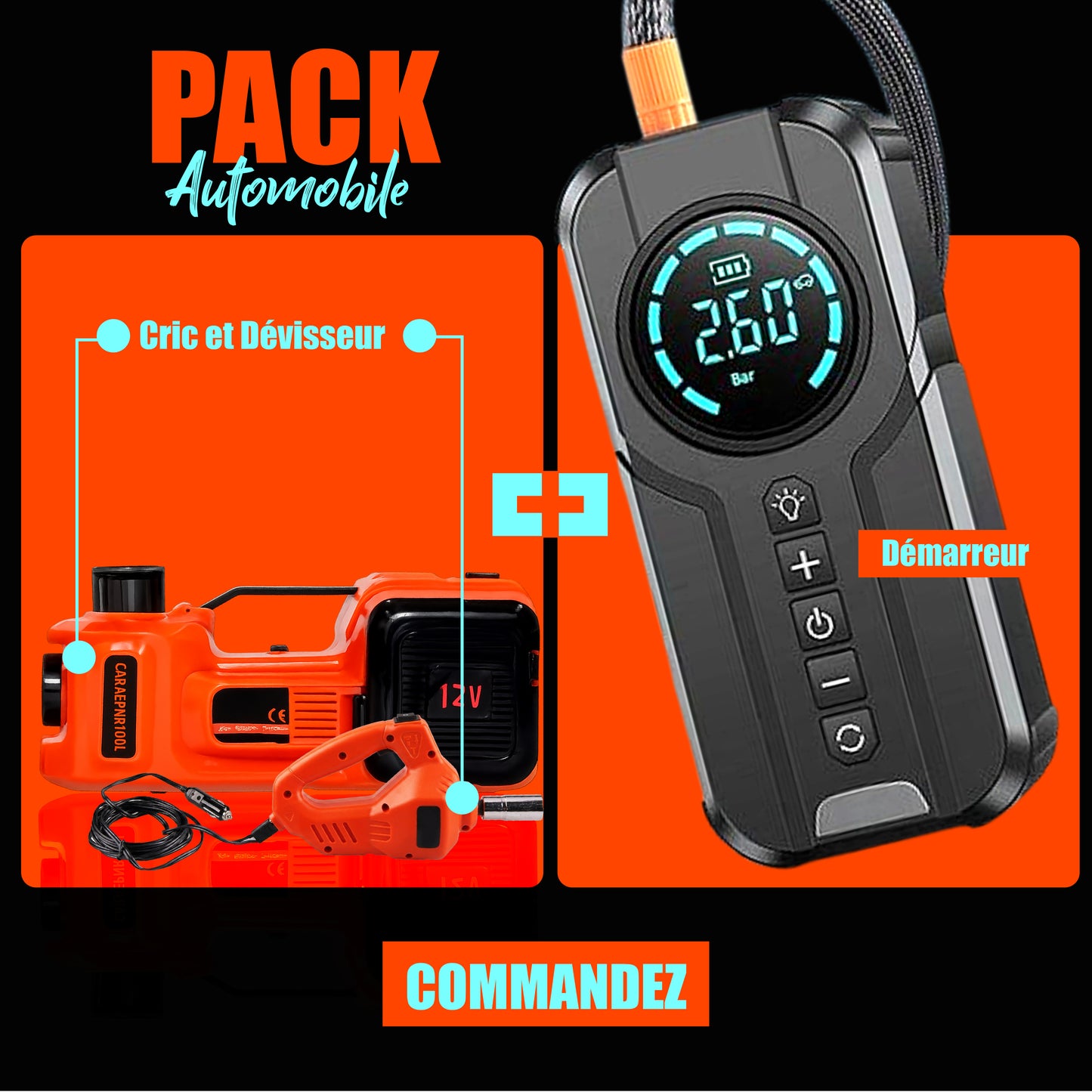 SUPER PACK URGENCE AUTO 7 EN 1 : CRIC ELECTRIQUE & DEMAREUR DE VOITURE