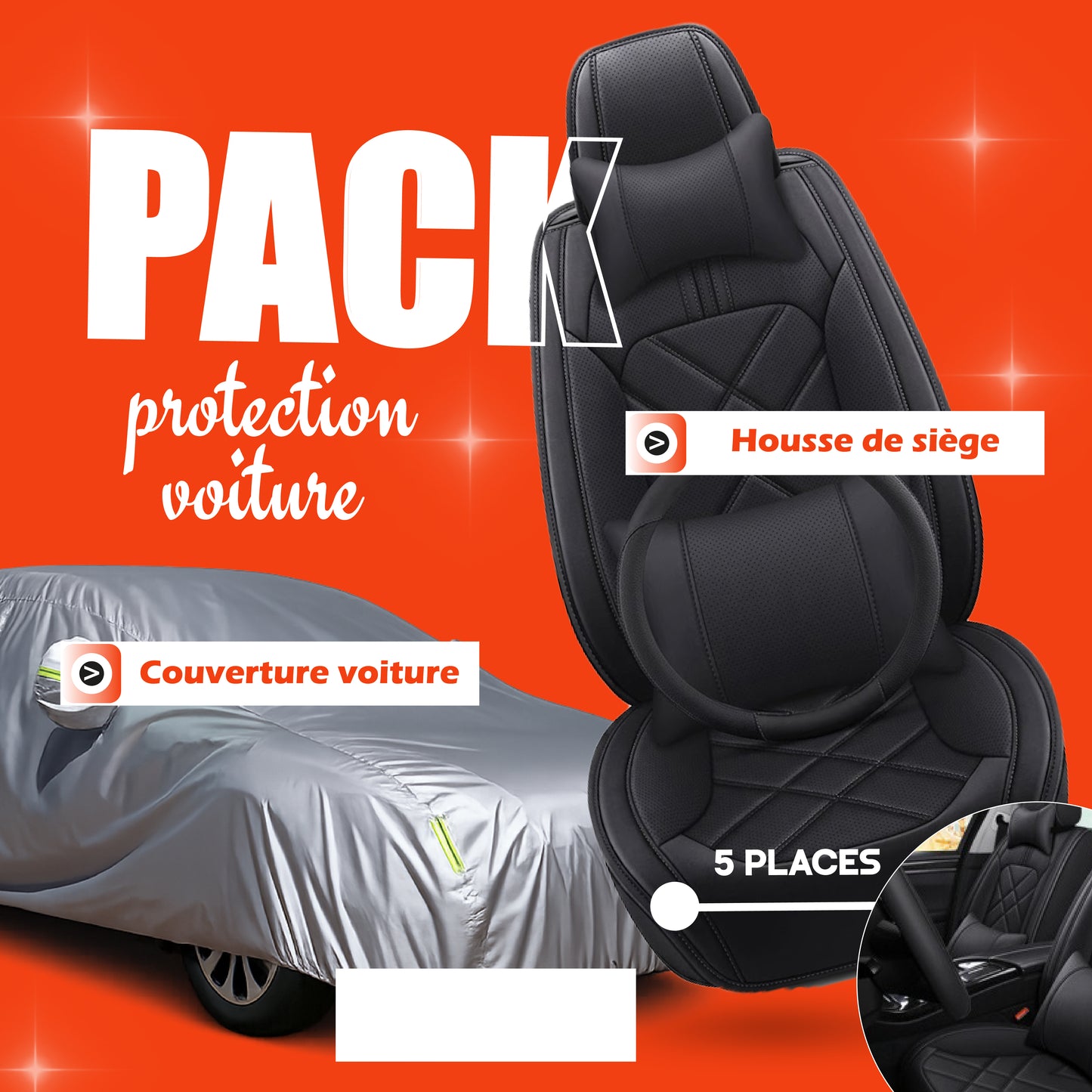 TIK- PACK PROPRETE AUTO - BACHE POUR VOITURE & HOUSSE DE SIEGE UNIVEREL 05 PLACES